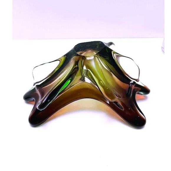 Vintage (1960s) Murano 3 Petal Splash Plum, Green, & Clear Handblown Glass Decor - Picture 5 of 6